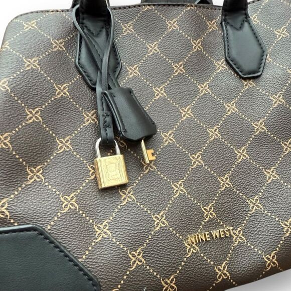 Nine West Brooklyn Jet Set Satchel Brown Black Logo Polyurethane Bag Purse Tote - Picture 7 of 9